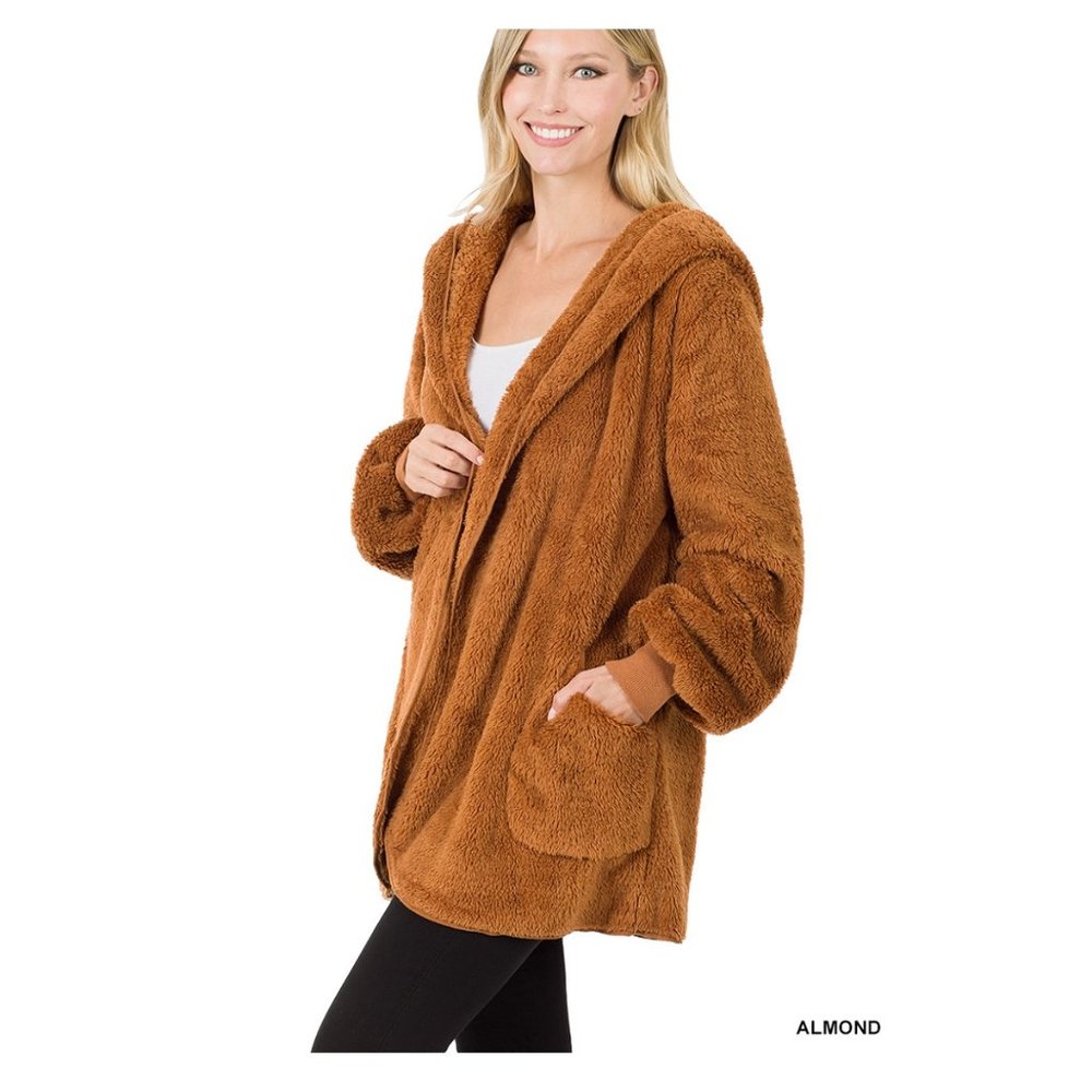 Brown Teddy Sherpa Jacket with Sherpa Shawl Collar Ribbed Cuffs Pockets & Hoodie - Picture 4 of 6